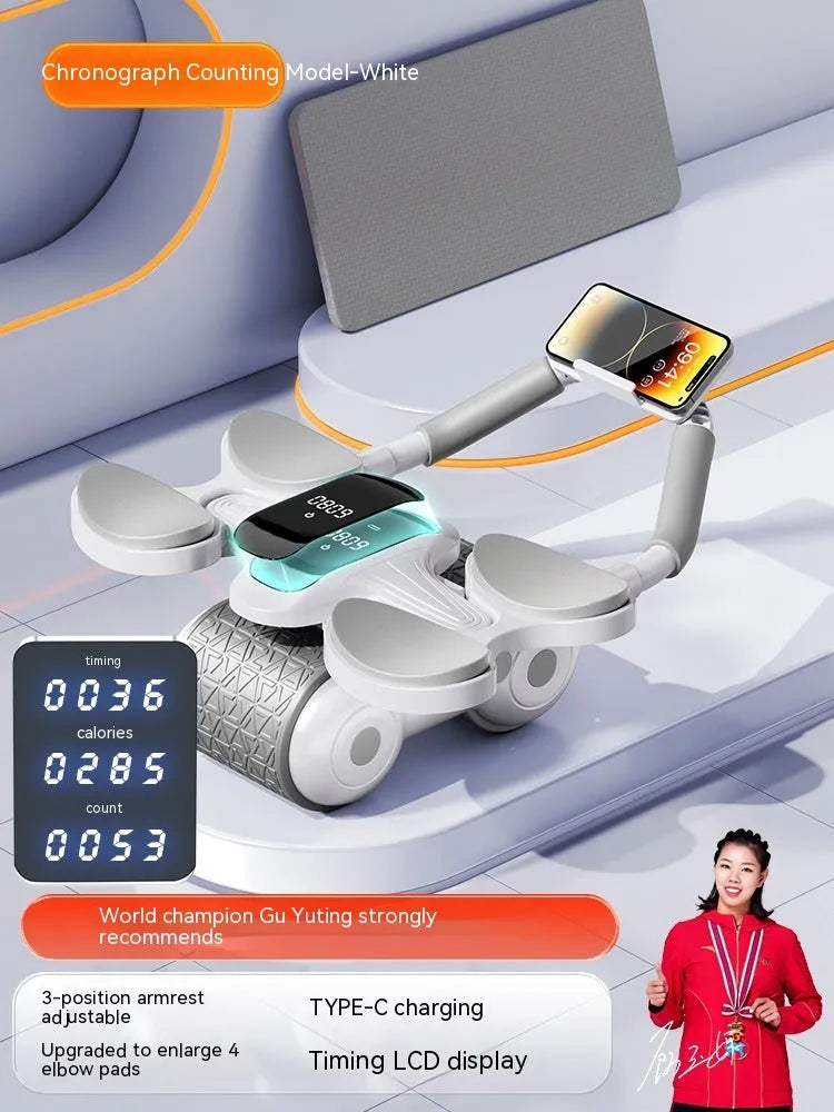 White digital abdominal roller with LED screen for timing and calorie counting
