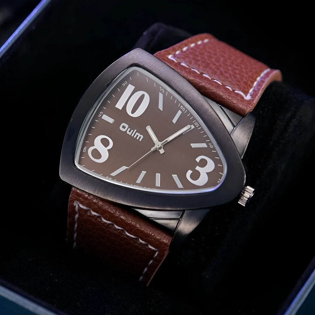 Men's slim casual quartz wristwatch with triangle belt in brown, black, or blue colour.