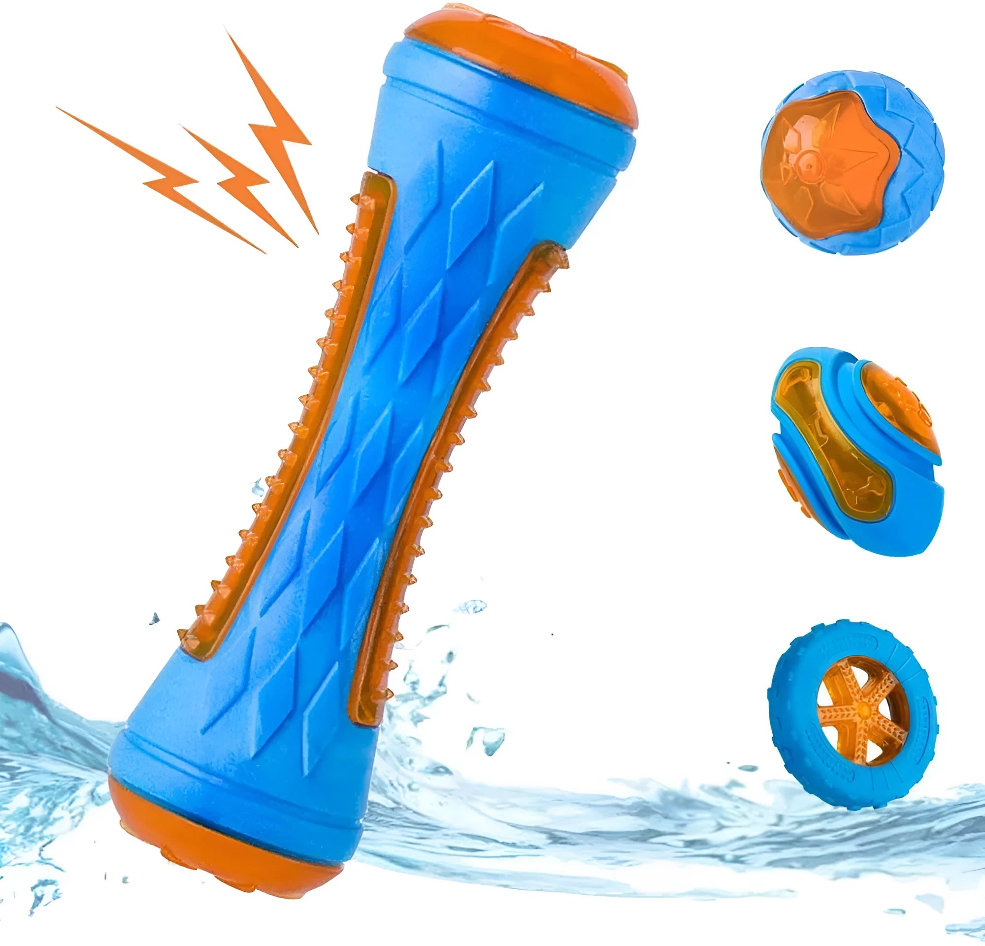 Set of three TPR dog toys: a ball, a barbell, and a tyre with bumpy textures, floating in water.