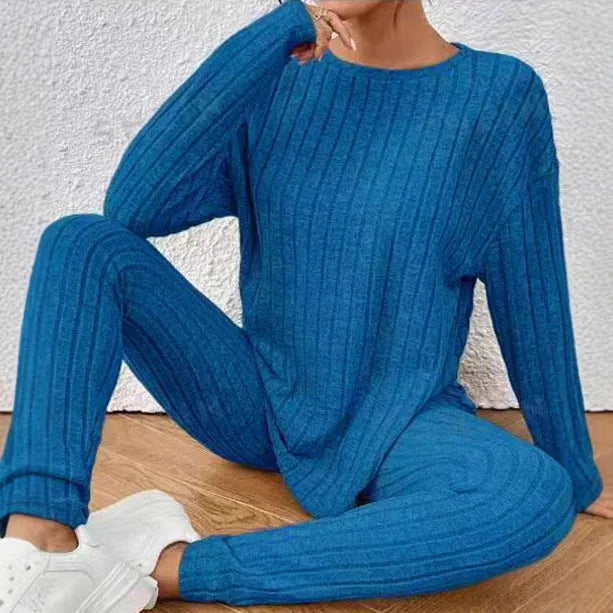 Black sunken stripe two-piece home exercise set with regular-sleeve top and matching pants