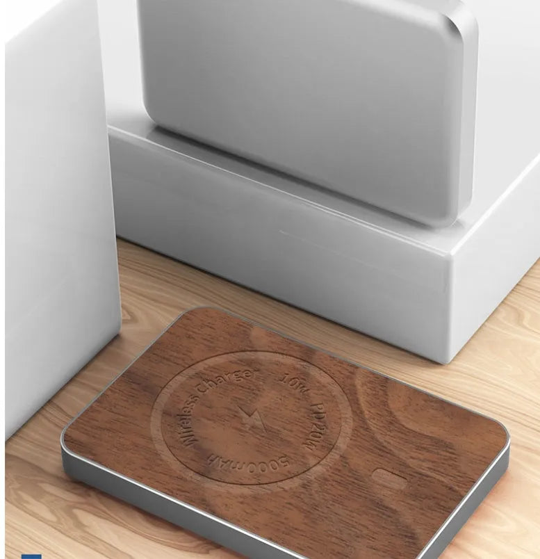Khaki-coloured magnetic wireless charging bank with 5000mAh capacity and compact design