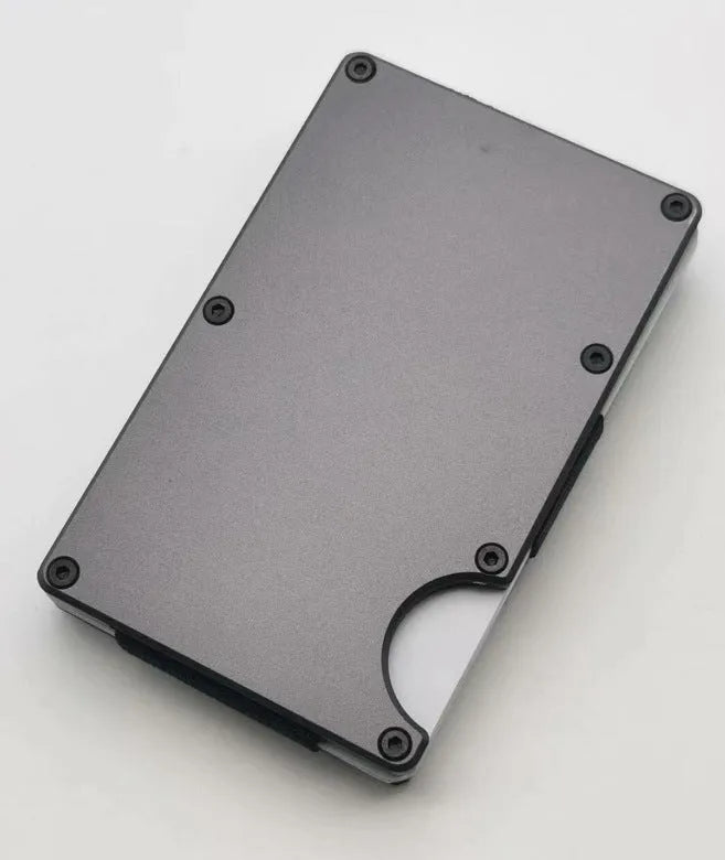Aluminium grey carbon fibre RFID blocking credit card wallet with seven slots.