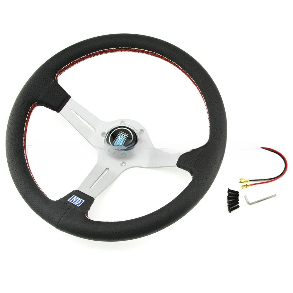 14-inch leather steering wheel with concave profile and silver skeleton
