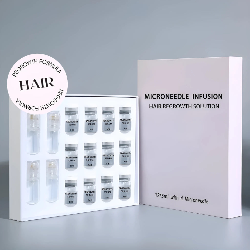 Long Dense Hair Growth Micro Needle Serum Set with microneedle tool and three bottles of hair oil essence