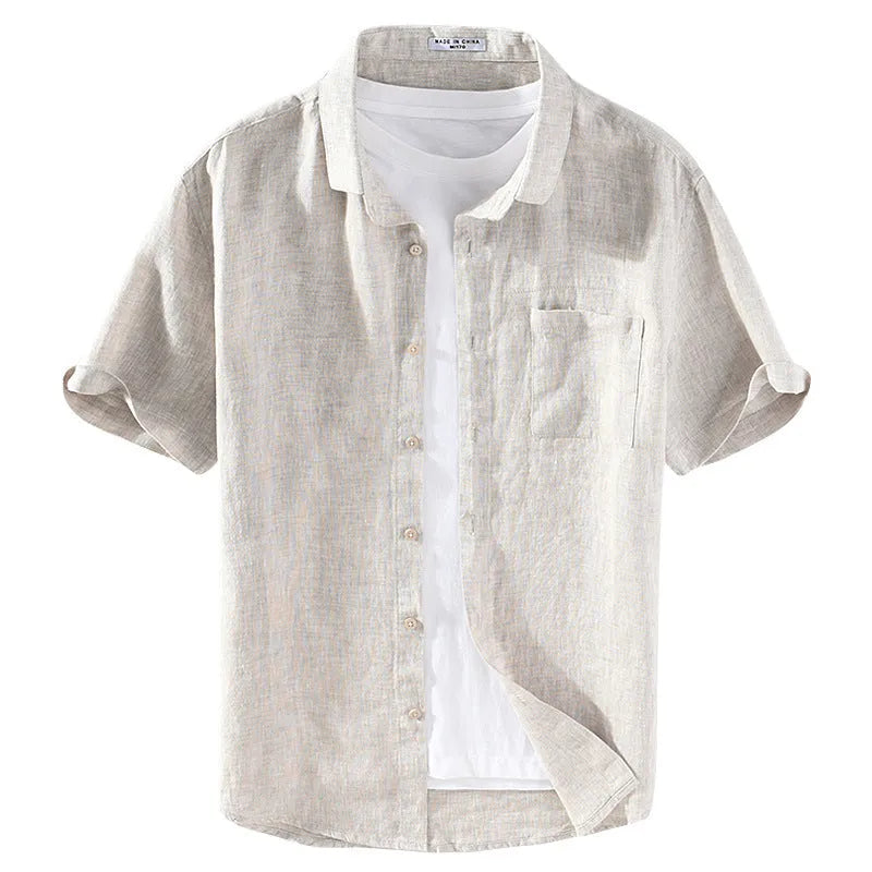 Men's casual linen shirt with square collar and short sleeves in cardigan style