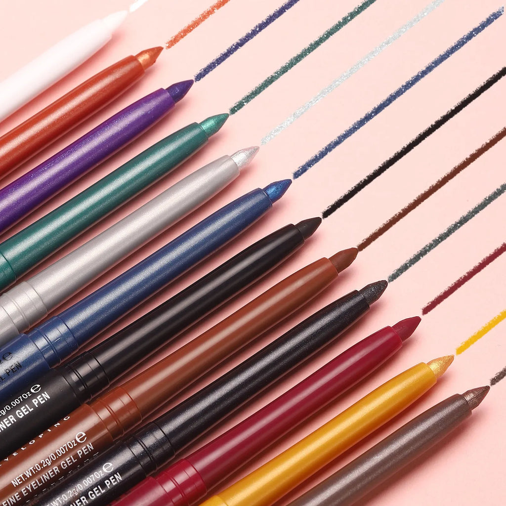 12 colourful gel eyeliner pencils showing matte glitter metallic and pearl finishes