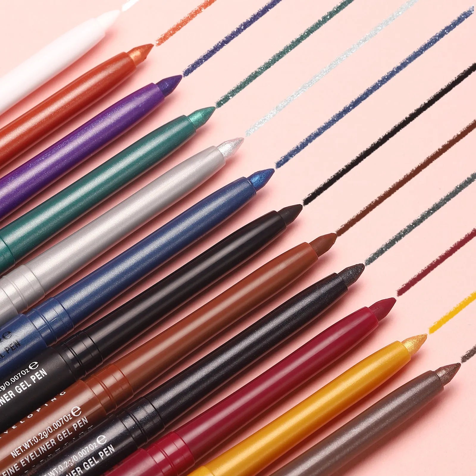 12 colourful gel eyeliner pencils showing matte glitter metallic and pearl finishes