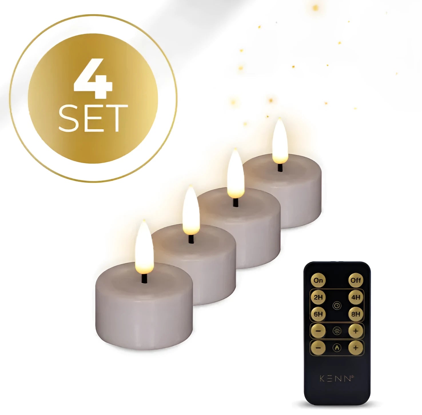 Set of four taupe-coloured S4 LED flameless tealight candles showing size.