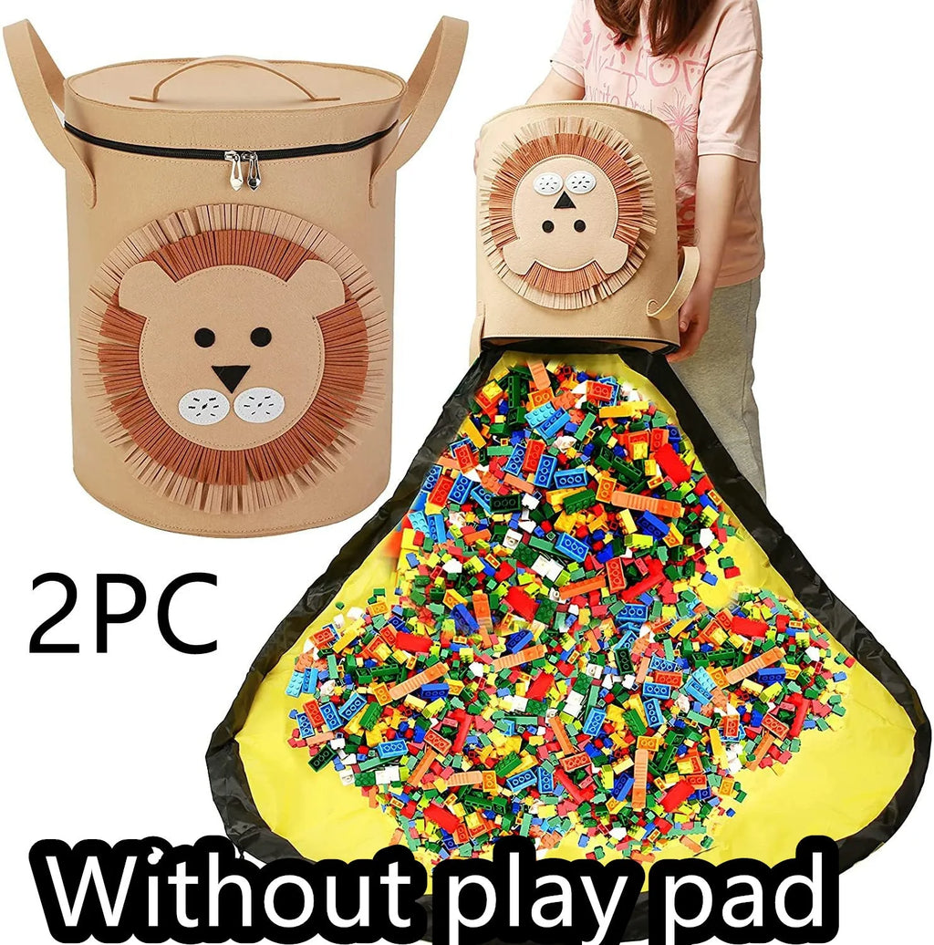 Green felt cube storage bag with pull rope closure, shown open flat as a play mat.