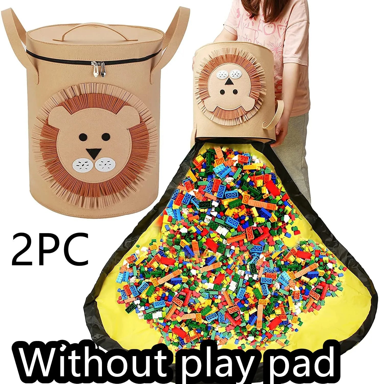 Green felt cube storage bag with pull rope closure, shown open flat as a play mat.