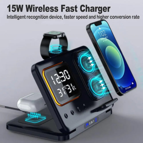 Black 15W wireless charging dock with phone, Apple Watch, and headphones on charging pads, showing LED digital clock display.
