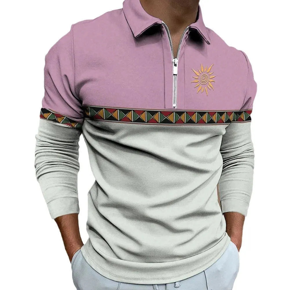 Men's retro colour stripe print golf top with zipper decorations, loose fit long sleeve polyester T-shirt