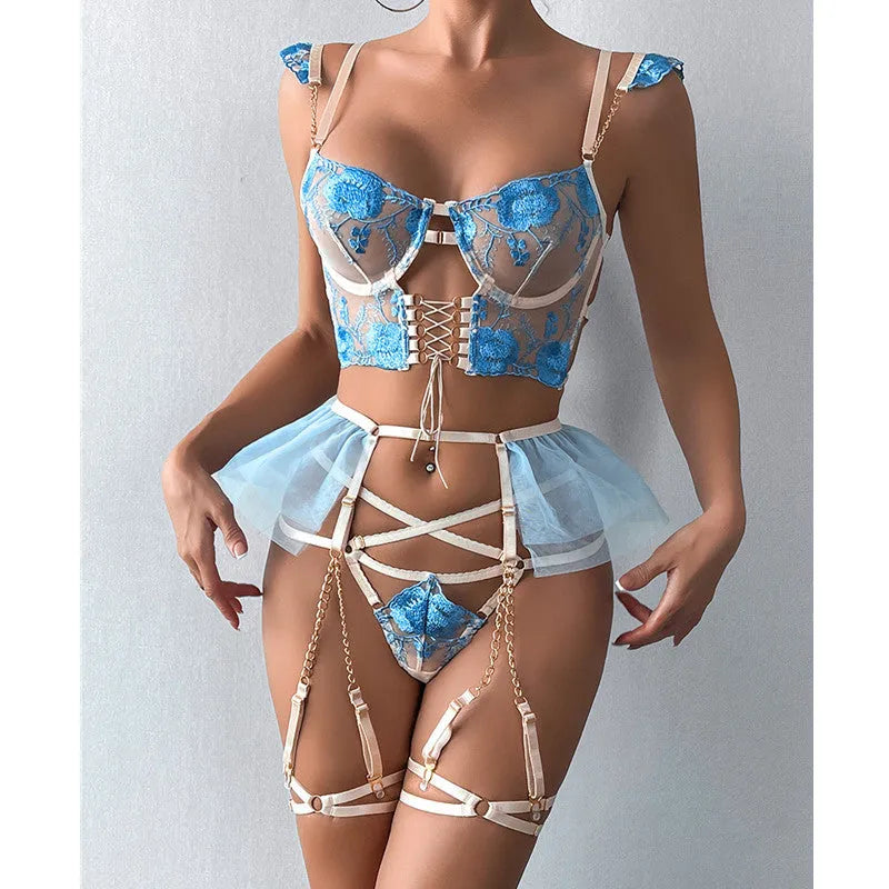 Light blue embroidered transparent push up bra set with lace mesh construction