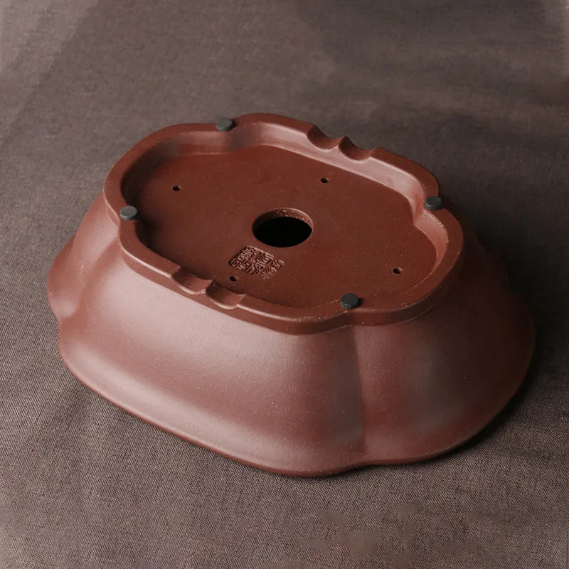 Handmade purple clay bonsai basin with classical Chinese design measuring 25cm long by 20cm wide