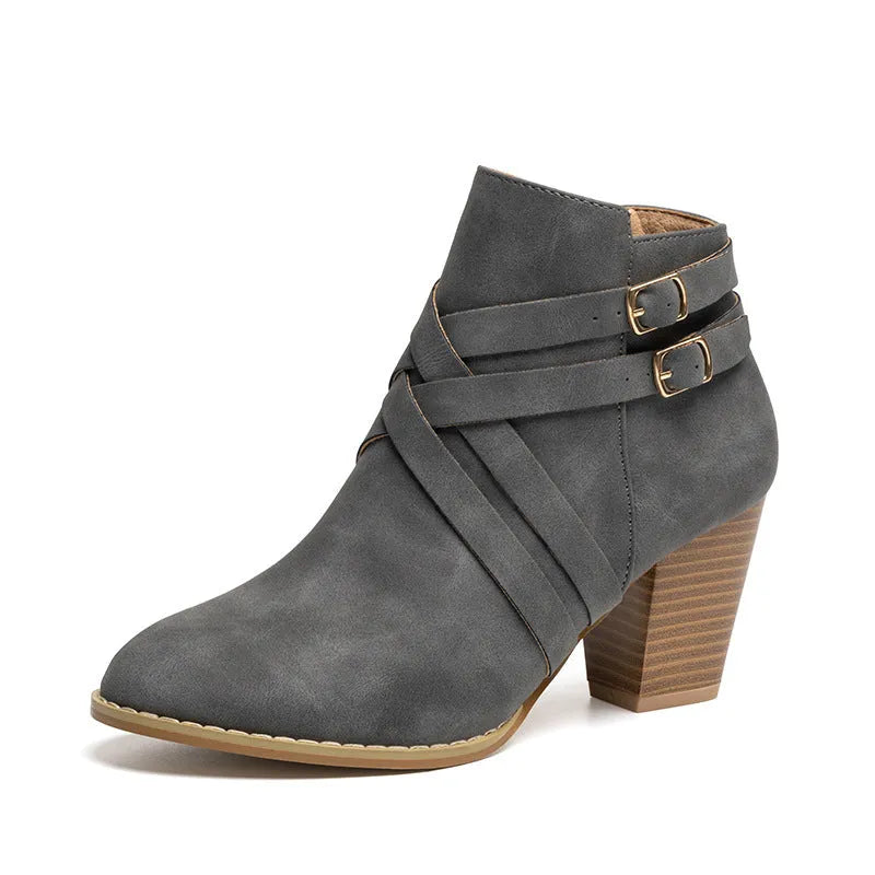Plus size women's grey ankle boots with a 7cm heel and side zipper.