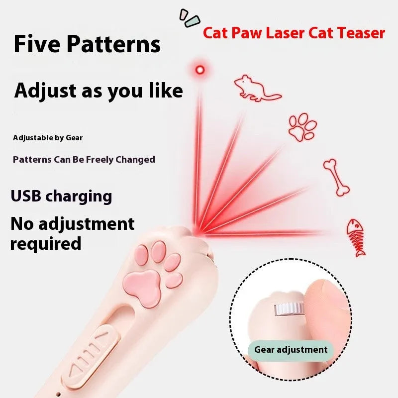 Handheld cat teaser toy with pen light feature in cream white, pink or blue colour options.