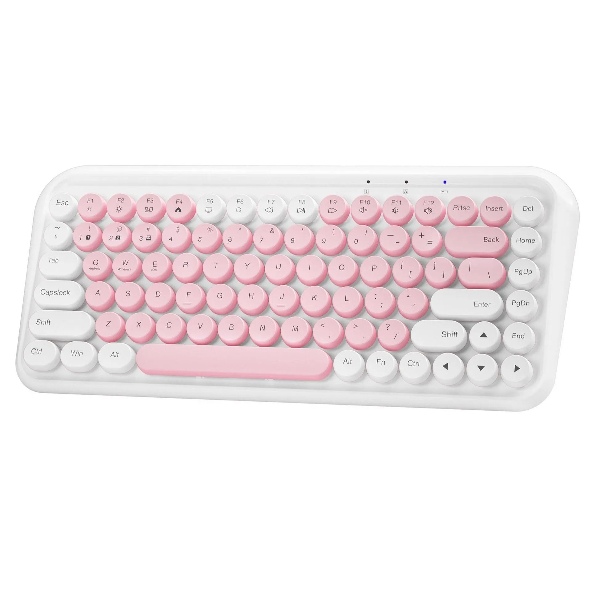 Pink wireless Bluetooth keyboard with 84 keys measuring 339mm wide