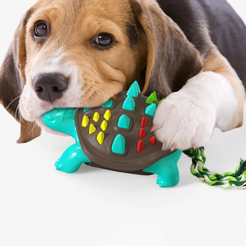 Natural rubber dog toothbrush chew toy with mint flavour and knotted tug-of-war tail