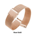 Milani woven stainless steel watch band showing silver, black, rose gold and gold colour options