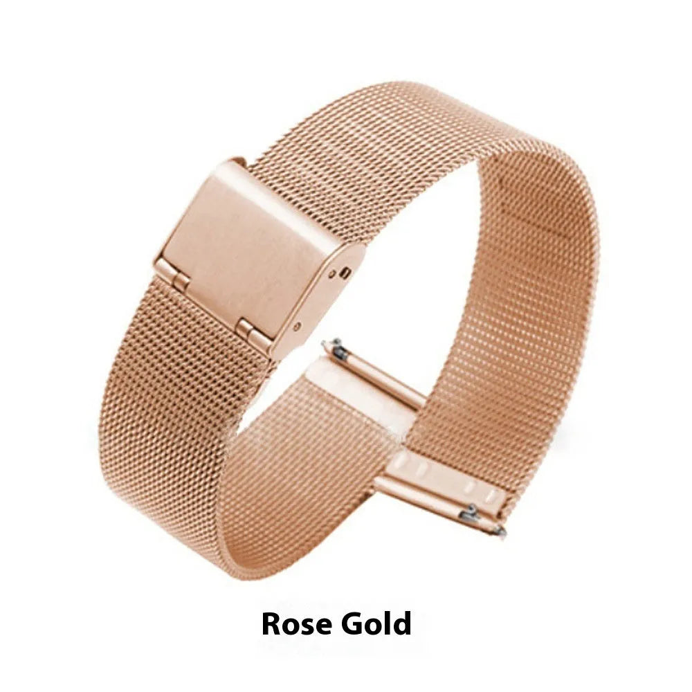 Milani woven stainless steel watch band showing silver, black, rose gold and gold colour options