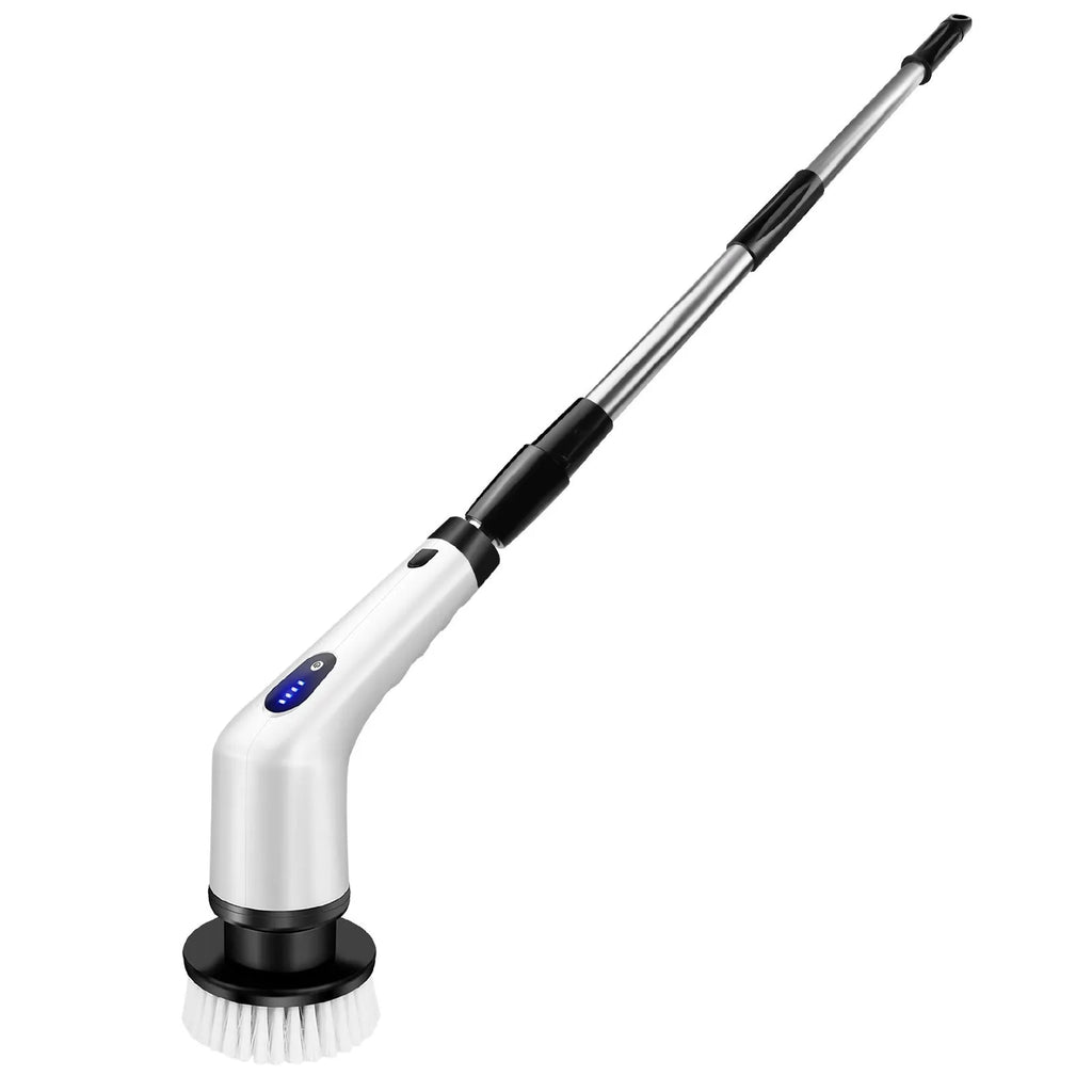 White handheld rechargeable cleaning brush with lithium battery and accessories