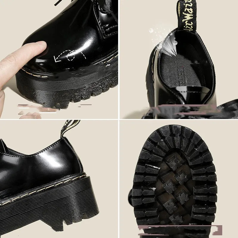 Women's white and black leather shoes with thick soles, ribbon and cross-strap design, and laced closure.