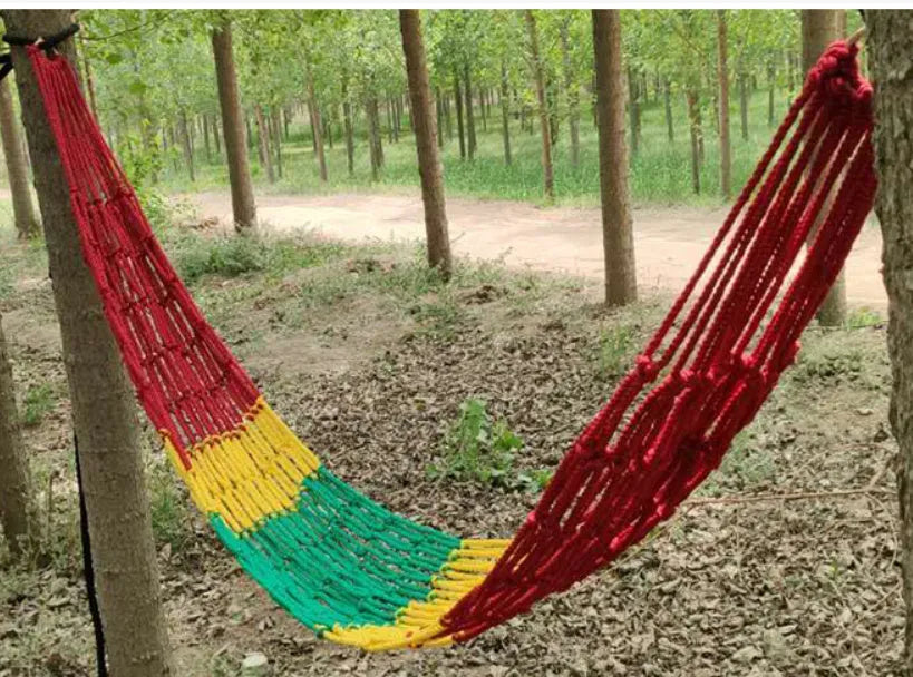 Outdoor nylon rope mesh hammock with tying materials