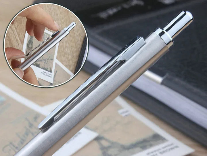 A metal automatic mechanical pencil with multiple lead size options including 0.5mm, 0.7mm, 0.9mm, 1.3mm, and 2.0mm.
