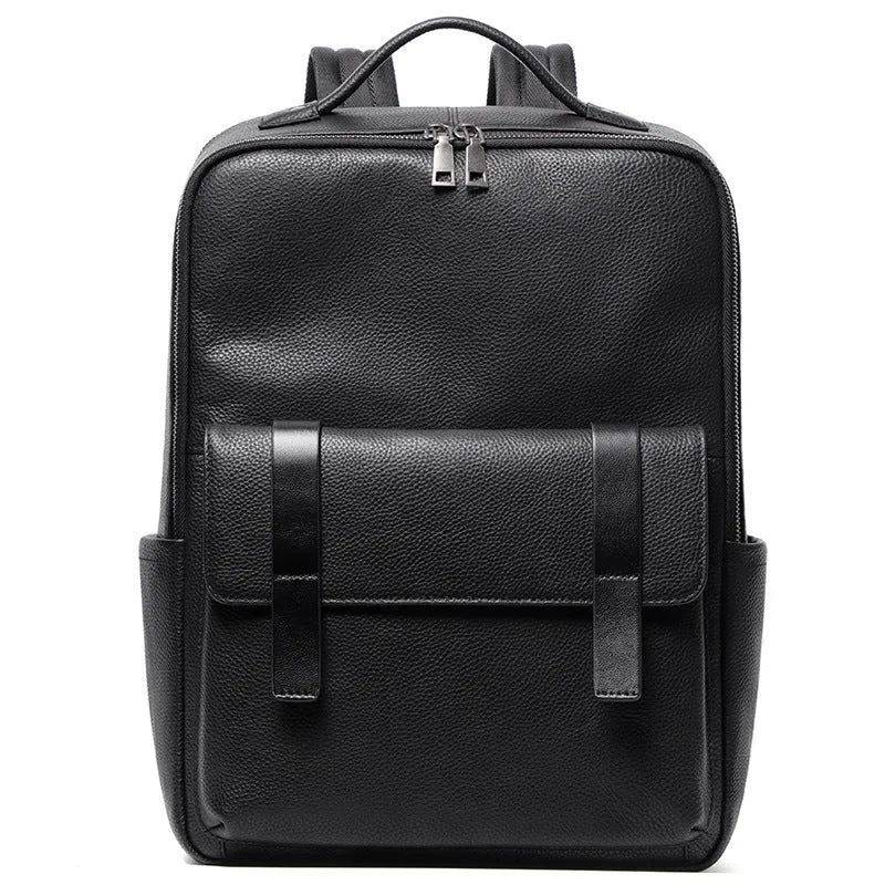 Men's black genuine leather computer backpack with 36-55L capacity for business travel
