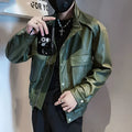Men's black PU leather pilot jacket with side pockets and straight hem.