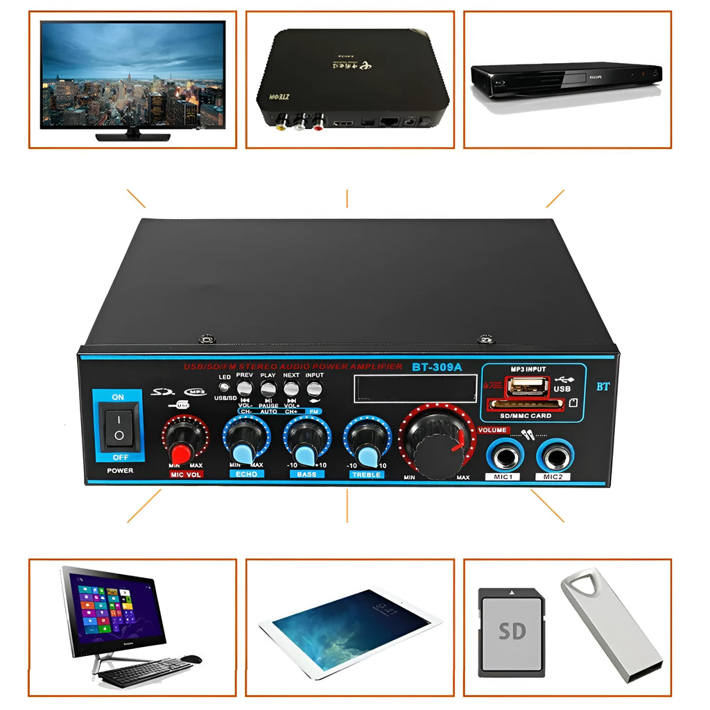 Black BT-309A-A dual-voltage stereo power amplifier with remote control for home and car audio.