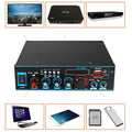 Black BT-309A-A dual-voltage stereo power amplifier with remote control for home and car audio.