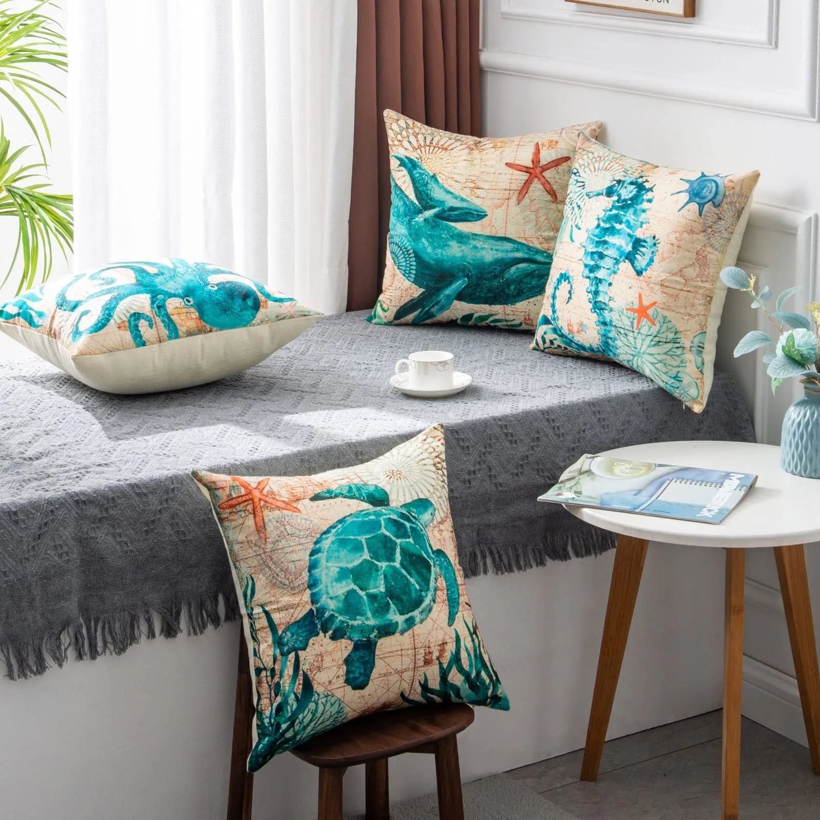 Linen cushion cover sea turtle printed pattern 45x45cm with invisible zipper