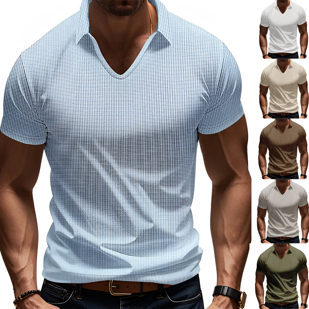 Men's V-neck loose fit short sleeve T-shirt in polyester cotton blend fabric