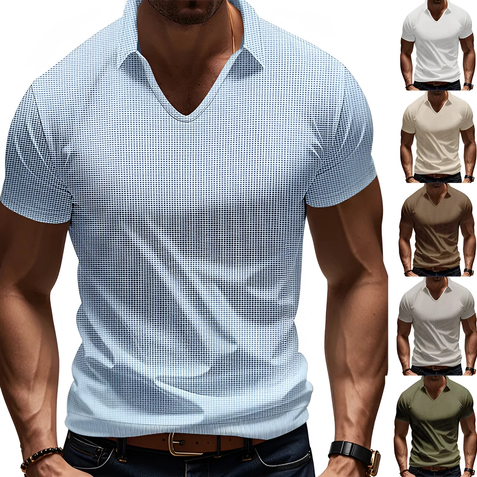Men's V-neck loose fit short sleeve T-shirt in polyester cotton blend fabric