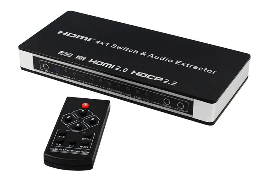 Black HDMI audio extractor switch with 4 input ports and remote control for home entertainment systems