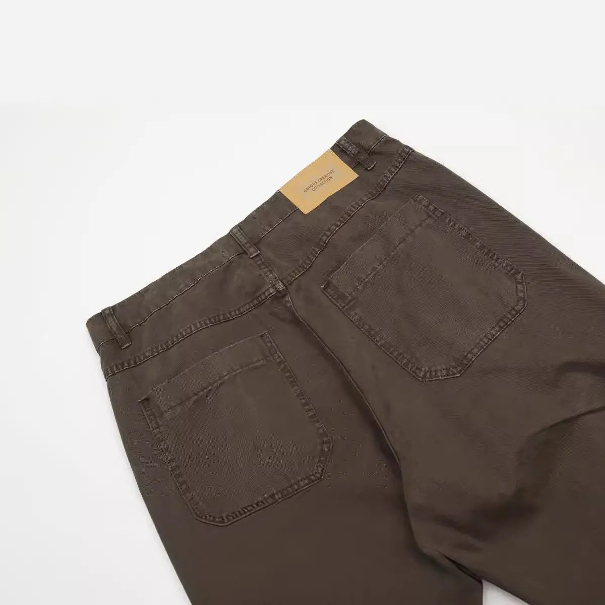 Men's loose straight leg high waist cotton trousers in brown and light khaki with zipper fly