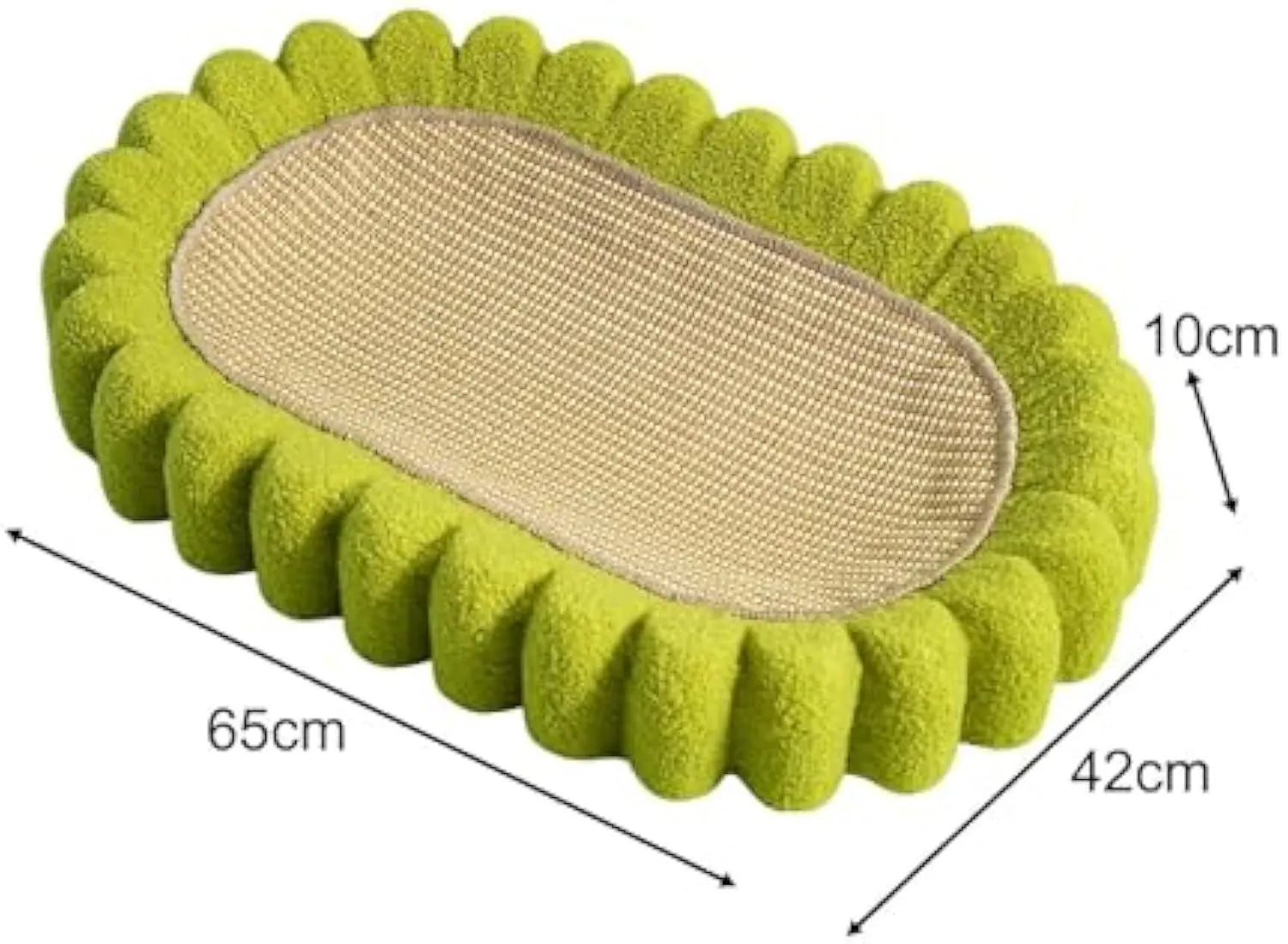 Green oval sisal cat scratch pad showing scratching surface and bowl-shaped lounging area