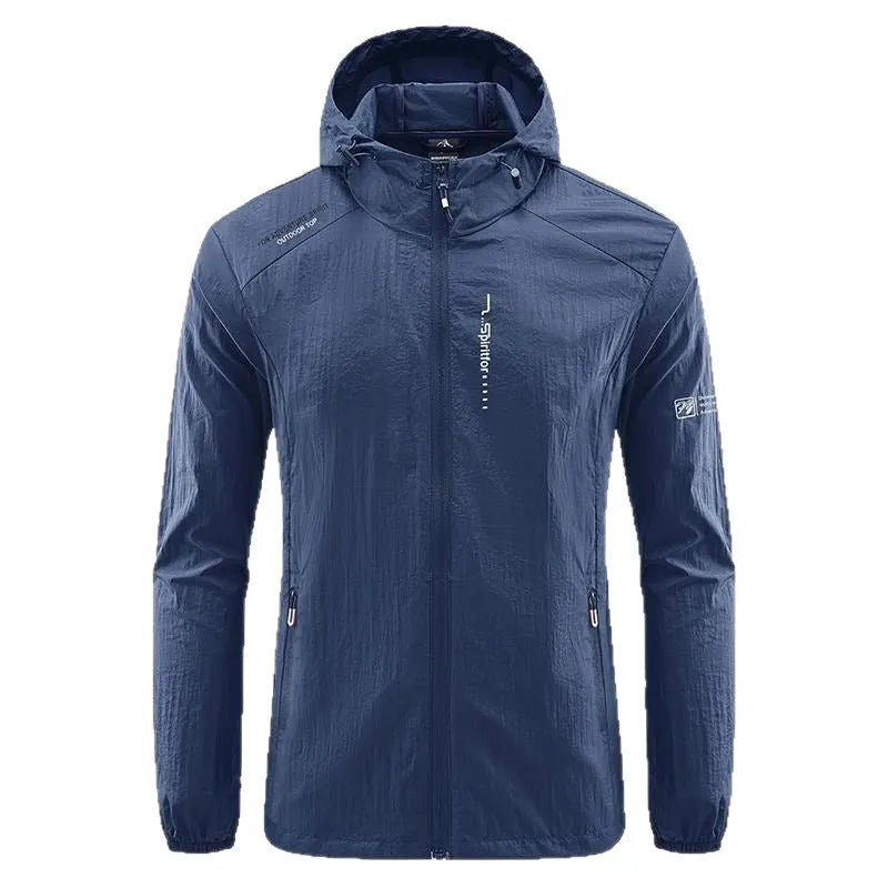 Lightweight men's hooded nylon summer jacket in loose fit on a hanger.