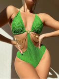 Women's black bikini swimsuit with chain decorative detail on polyester fabric