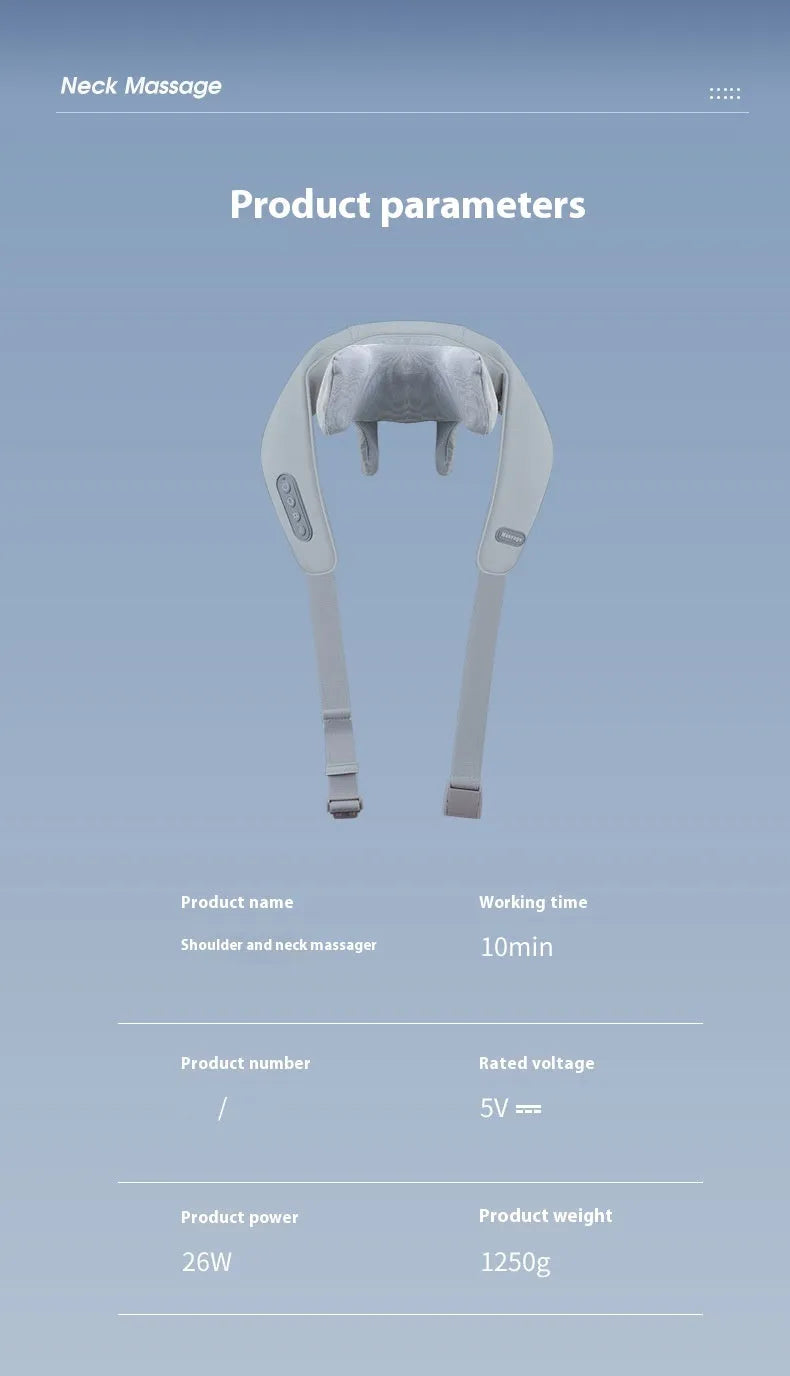 Grey elastic fabric neck massager with USB charging cable showing infrared physiotherapy function
