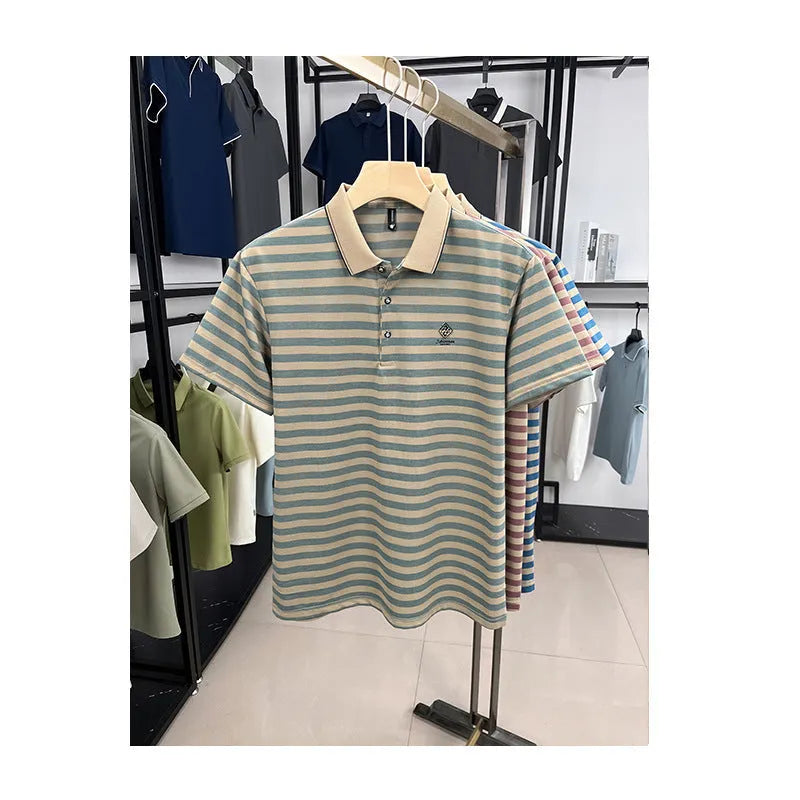Men's striped short sleeve casual shirt in polyester with mosaic pattern, available in red, blue and green colours
