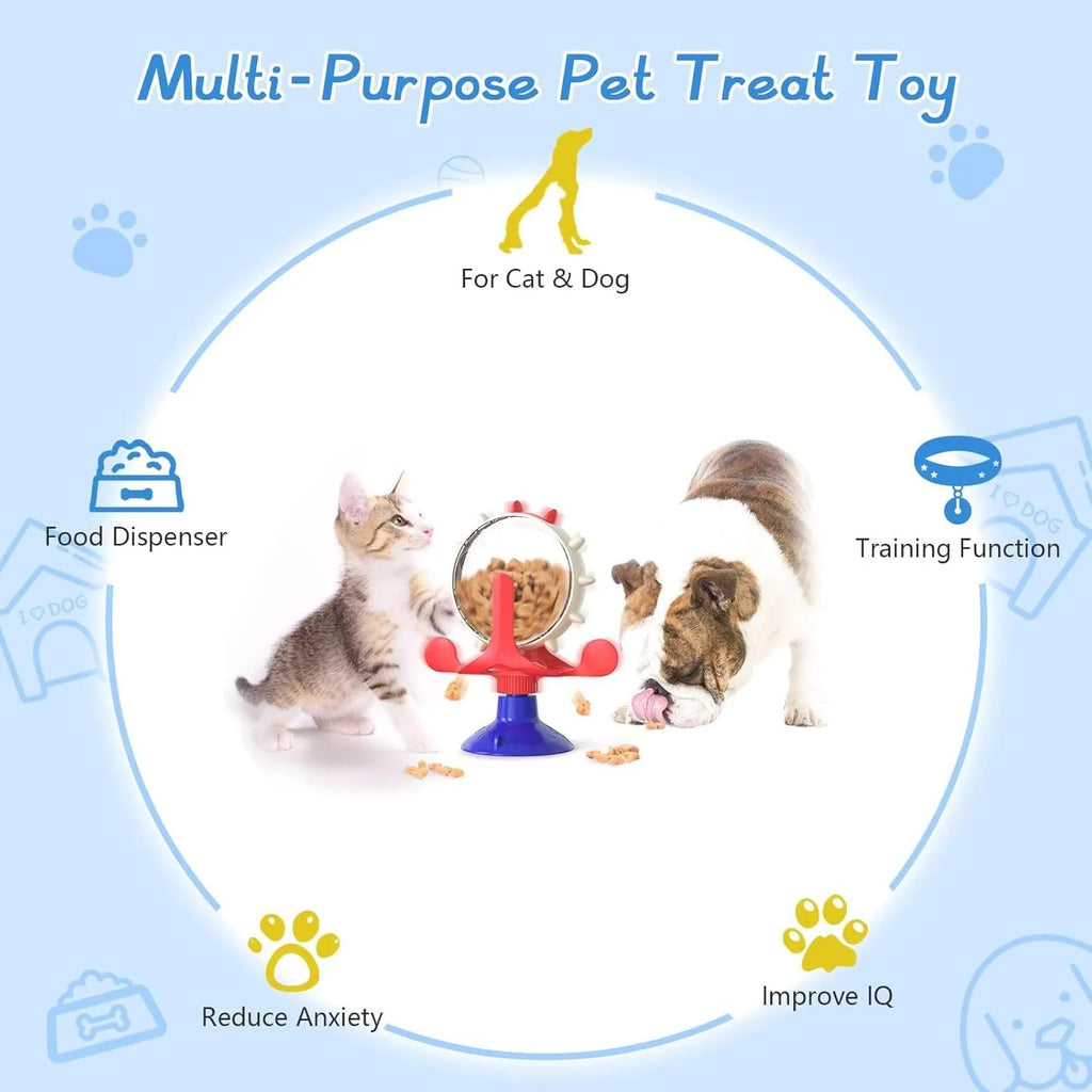 Interactive rotating pet slow feeder toy with sucker base in blue, green, red or yellow colour