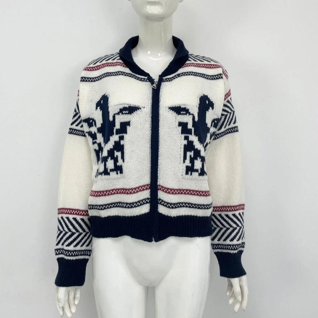 White women's short zip cardigan with lapel collar and contrast jacquard stripe pattern.