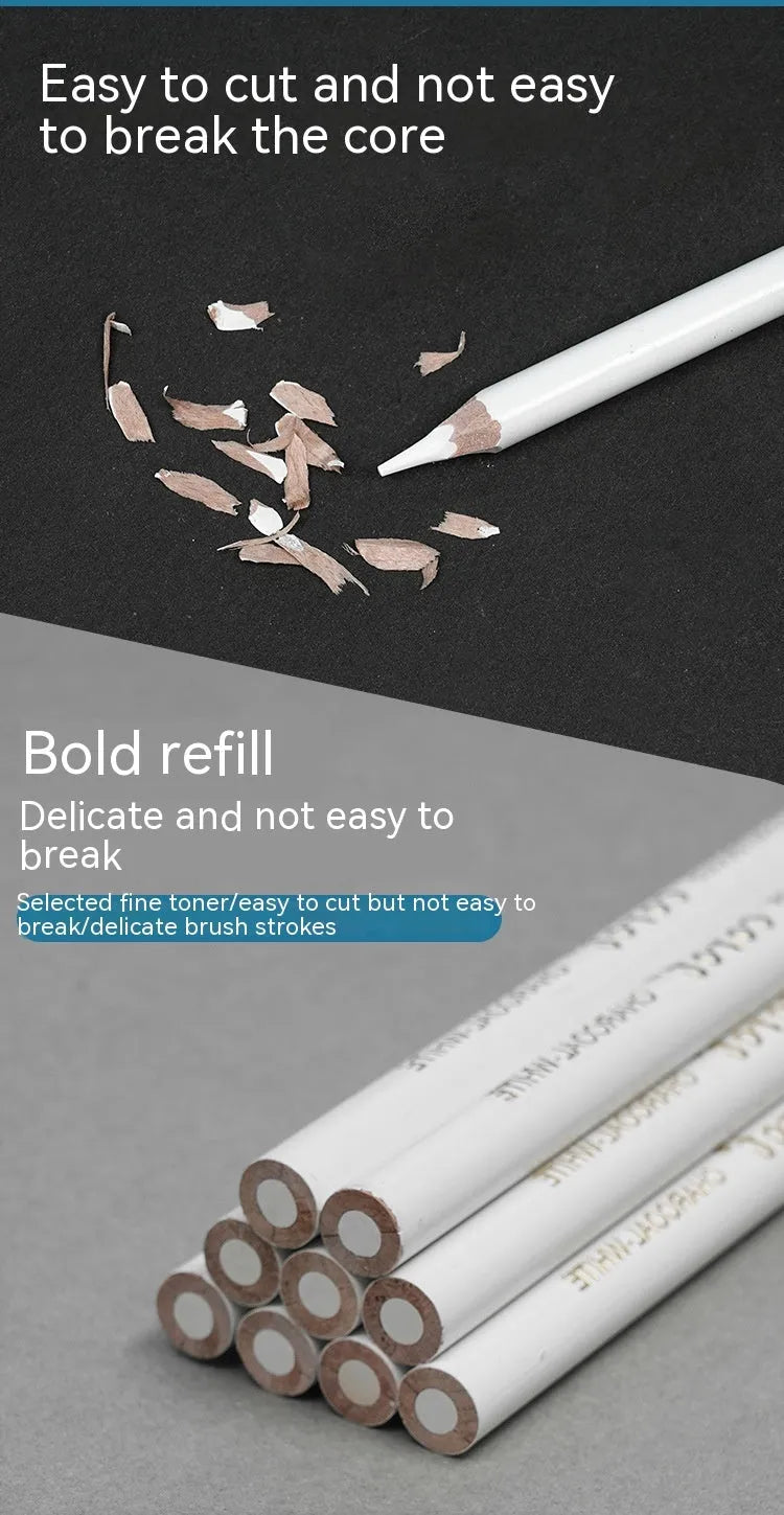 Three white charcoal pencils for sketching and highlighting on dark paper