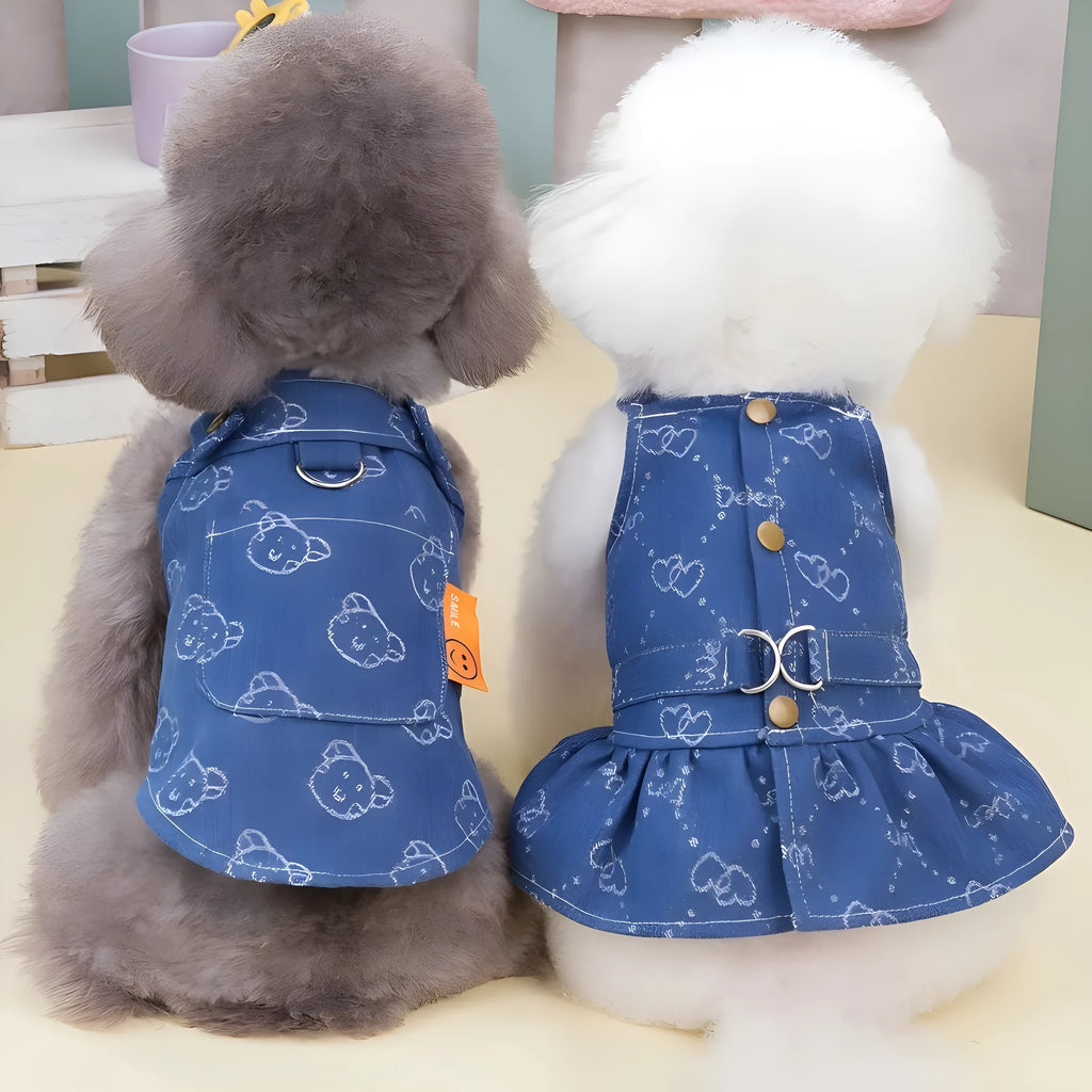 Small dog wearing denim princess dress with bracket skirt design for spring and autumn weather