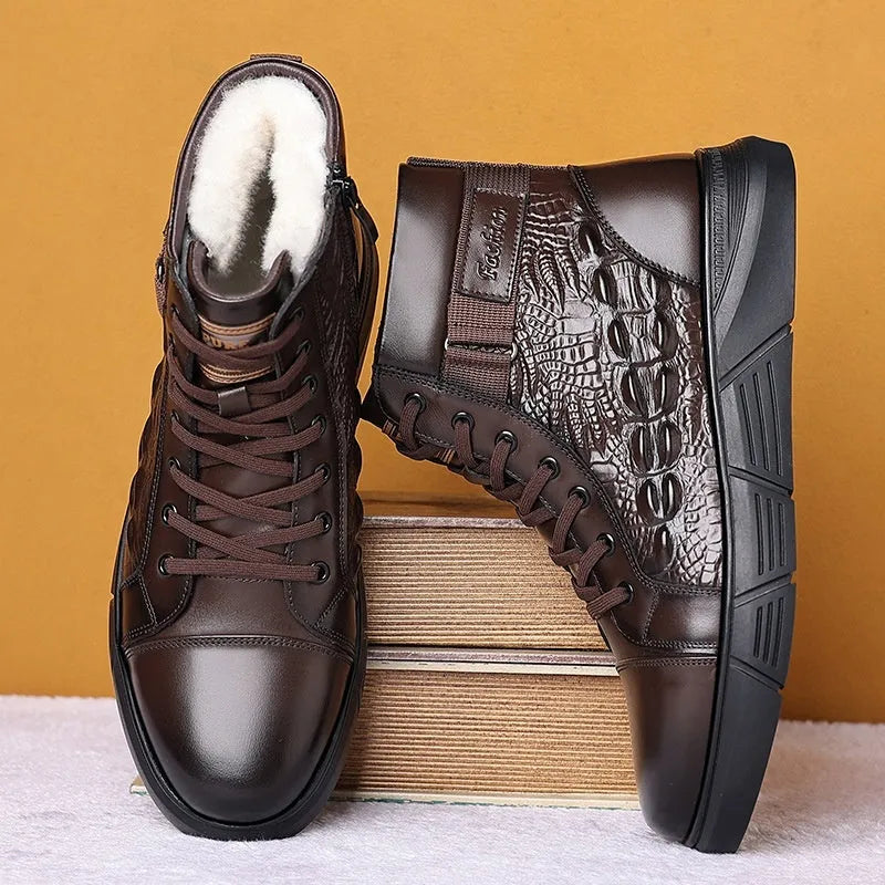 Black and brown genuine leather snow boots with fur integration, rubber soles, and front lace-up closure