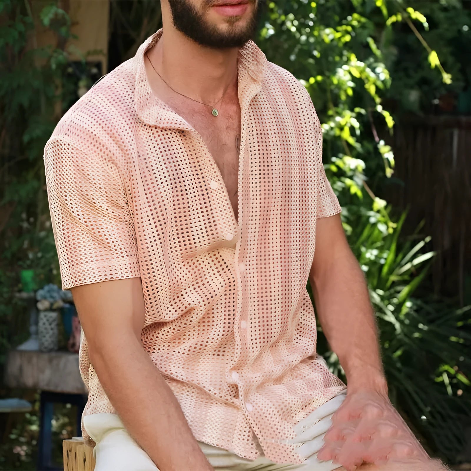 Men's pink waffle texture shirt cardigan with hole design and short sleeves