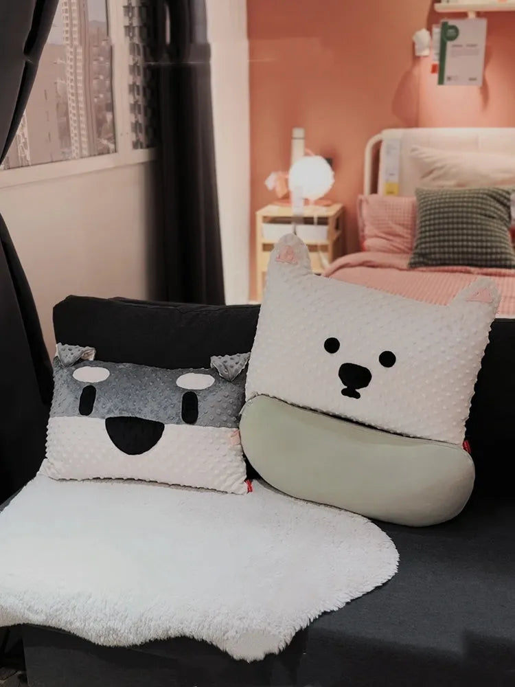Grey and white West Highland puppy design dog pillow on a sofa, showing soft fabric and 50cm size.