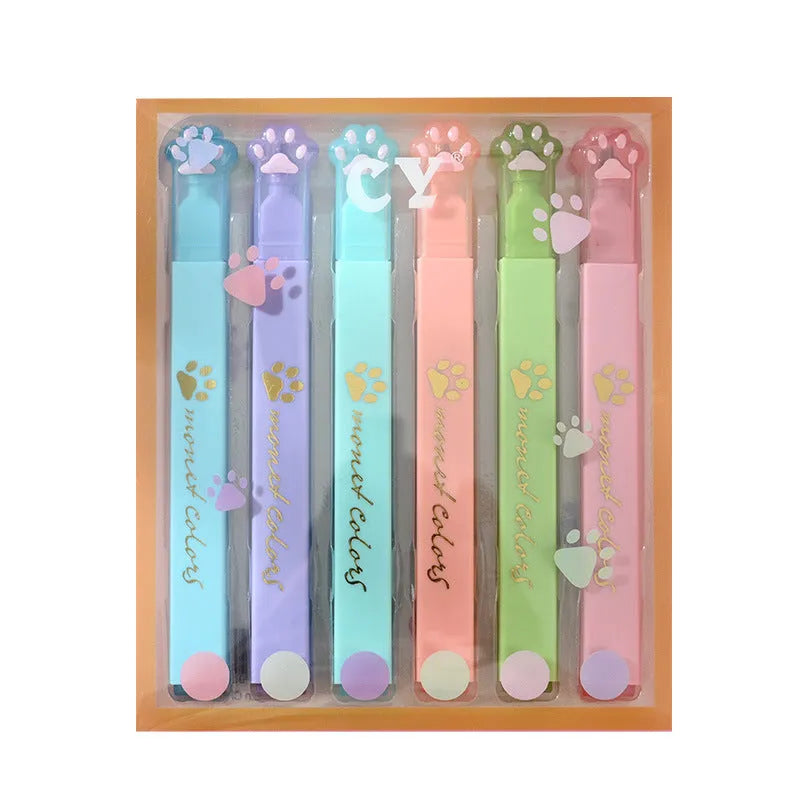 Box of six Cat's Paw fluorescent marking pens with oblique nibs in assorted colours.